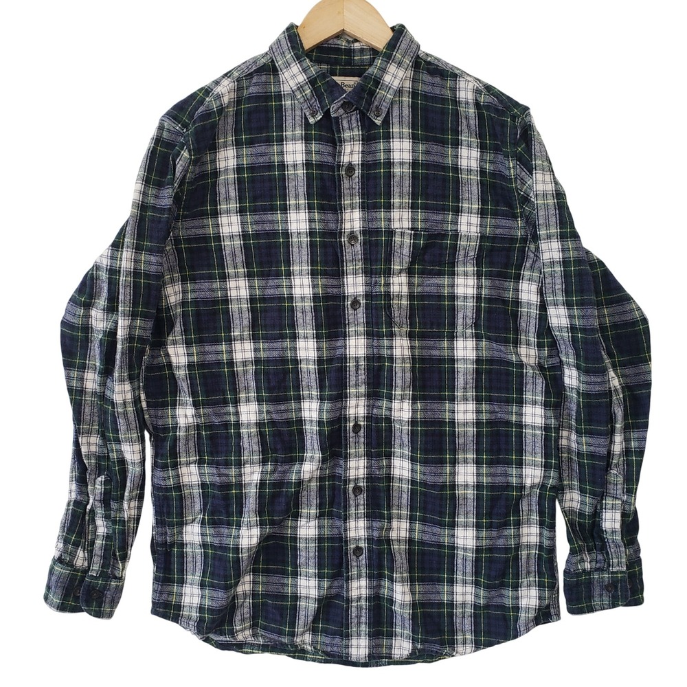 LL Bean Flannel Shirt Mens Large Tall Blue Green Plaid Slightly Fitted Gorpcore
